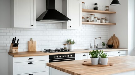 A cozy kitchen with sleek white cabinetry and a warm wooden counter offers a harmonious blend of modern design and comfort.