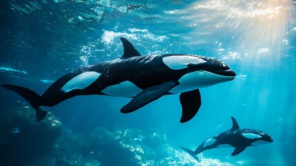 Fototapeta premium Orcas in the ocean. Concept of marine wildlife and underwater beauty.