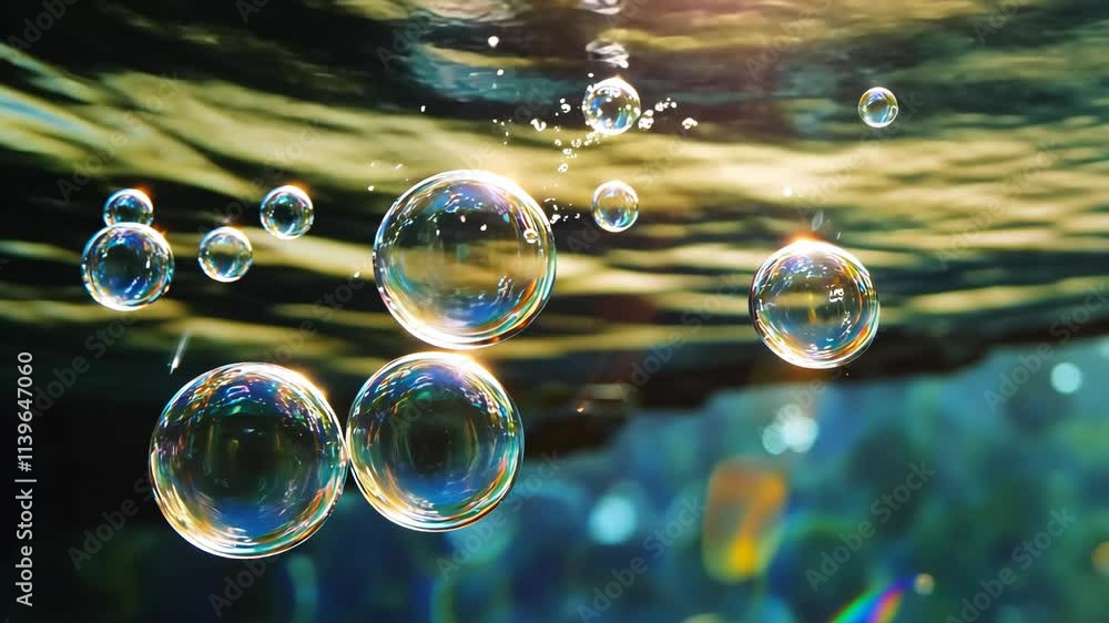 Poster Bubbles rising with sunlight shimmering on a serene underwater surface in a tranquil setting