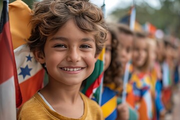 A young girl proudly holding international flags, representing global unity, diversity, and cultural pride.