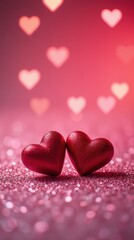 Obraz premium Two red heart-shaped objects sit closely together on a sparkling pink glitter surface, surrounded by soft bokeh lights and glowing heart shapes in the background. The romantic scene features shades of