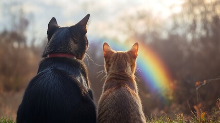 Obraz premium Cats and Dog Watching a Sunset Rainbow. AI Generated