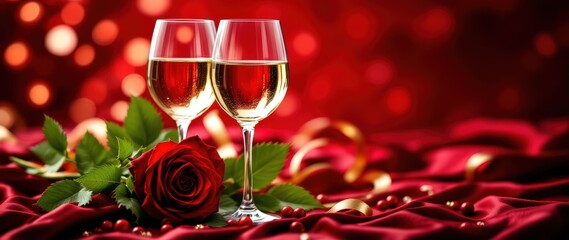 Image of a romantic setting featuring two wine glasses filled with white wine, placed on a rich red satin cloth. Background for Valentine's Day