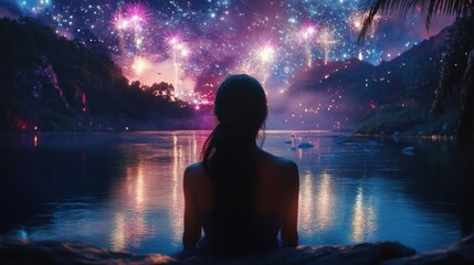 Obraz premium Fireworks illuminating the night sky above a river, with glowing colors reflecting in the water, creating a striking and memorable scene.