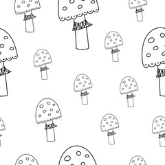 Seamless pattern with fly agaric mushrooms in doodle technique
