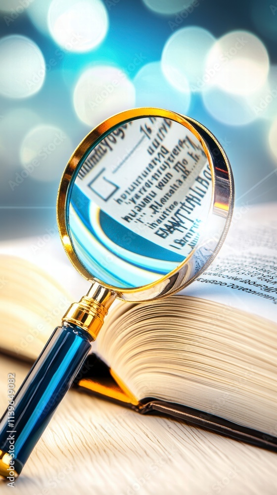Aufkleber magnifying glass on open book with bokeh background.