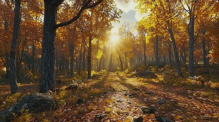 Fototapeta premium Panoramic sunny forest in autumn 16k resolution.