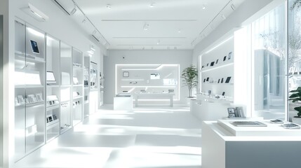 Inside a bright and airy digital technology store with white tones, showcasing the latest tech products behind a glass display with shelves filled with gadgets.