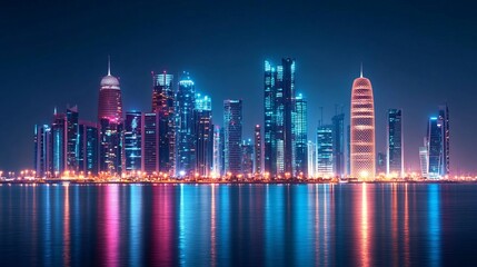 Fototapeta premium A modern cityscape at night, showcasing towering skyscrapers illuminated with vibrant lights. Perfect as a backdrop for cutting-edge technology presentations. 