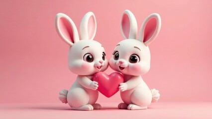 Fototapeta premium Two funny bunnies give each other a pink heart for Valentine's Day