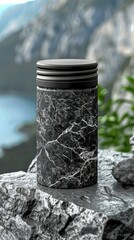 Naklejka premium A sleek black marble container set against a scenic backdrop, suggesting elegance and utility.