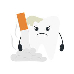Sad tooth stands in a pile of cigarette ash hugging a cigarette.