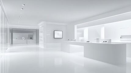Inside a digital technology store with a minimalist design in white tones, showcasing the latest gadgets behind a clean, modern display case.