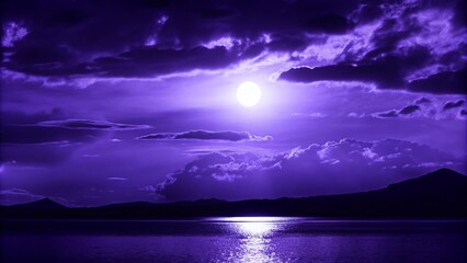 a beautiful night scene of a full moon rising over a body of water. The sky is filled with dark purple clouds that are illuminated by the light of the moon. The clouds are scattered across the sky, cr