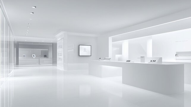 Inside a digital technology store with a minimalist design in white tones, showcasing the latest gadgets behind a clean, modern display case.