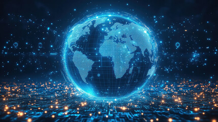 Obraz premium digital globe with continents illuminated by blockchain technology
