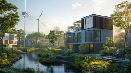 Fototapeta premium Sustainable urban living eco-friendly community residential architecture green environment serene view innovative design