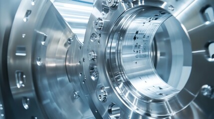 Fototapeta premium Inside a modern automotive factory, advanced CNC machinery working on stainless steel and aluminum auto parts, in a spotless environment with clear, bright lighting.