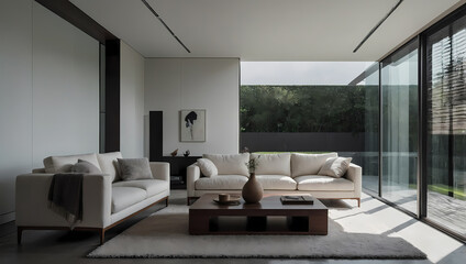 Contemporary living room featuring a light sofa, dark coffee table, and large windows with green outdoor view.