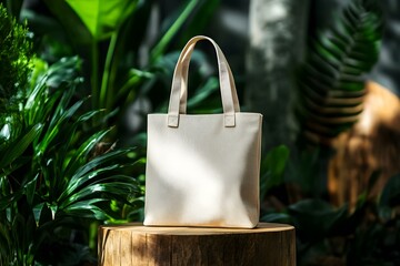 Beige Canvas Tote Bag Mockup on Wooden Product Display for Stylish and Eco-Friendly Branding
