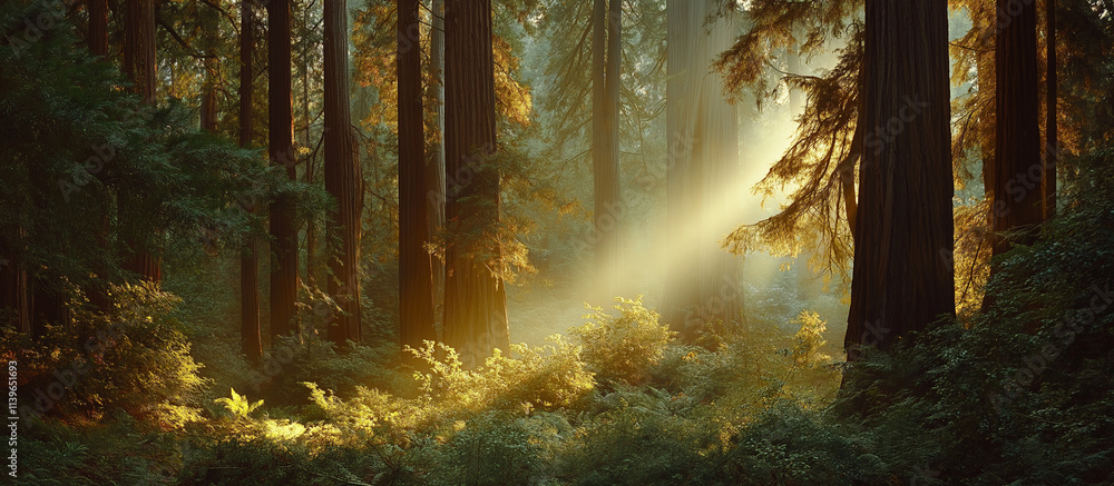 Poster panoramic view of a serene forest with sunlight filtering through tall trees, creating vibrant light