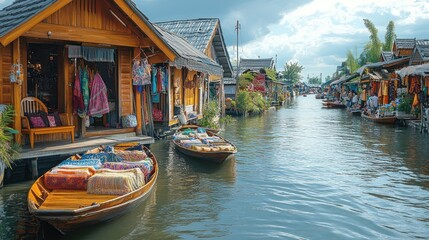 Obraz premium Scenic view of wooden houses along a tranquil waterway with boats and vibrant textiles.