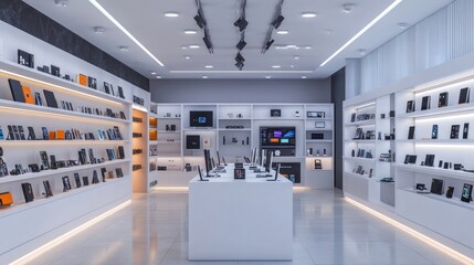Modern interior of a digital technology shop with white shelves and racks filled with gadgets, and a showcase presenting the newest tech products.