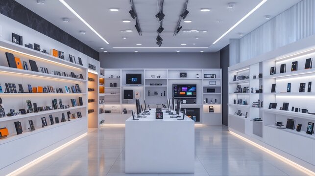 Modern interior of a digital technology shop with white shelves and racks filled with gadgets, and a showcase presenting the newest tech products.