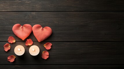 Red hearts and candles surrounded by rose petals create a romantic atmosphere on a dark wooden surface.