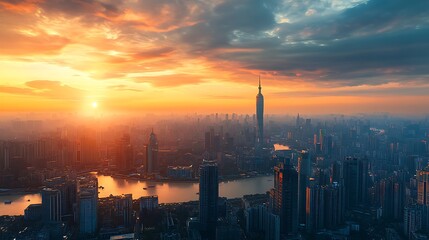 Fototapeta premium Sunrise over Shanghai Skyline. Cityscape, urban, sunrise, architecture, modern, China