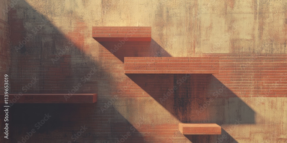 Poster Stacked brick wall texture showcasing unique layers and shadows in a minimalist urban setting