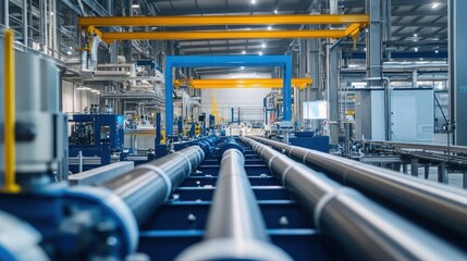 Fototapeta premium The production line at a water pipe manufacturing plant, with automated machines shaping and testing pipes, ensuring they meet the required specifications for water distribution systems.