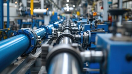 Fototapeta premium The production line at a water pipe manufacturing plant, with automated machines shaping and testing pipes, ensuring they meet the required specifications for water distribution systems.