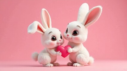 Obraz premium Two funny bunnies give each other a pink heart for Valentine's Day