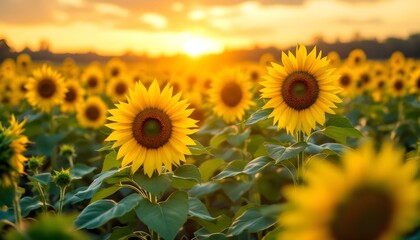 Fototapeta premium A golden sunset casting orange and pink hues over a vast field of sunflowers, their faces turned toward the sun, surrounded by lush green foliage.