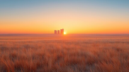 A serene landscape featuring golden fields under a vibrant sunset, with distant structures silhouetted against the horizon.