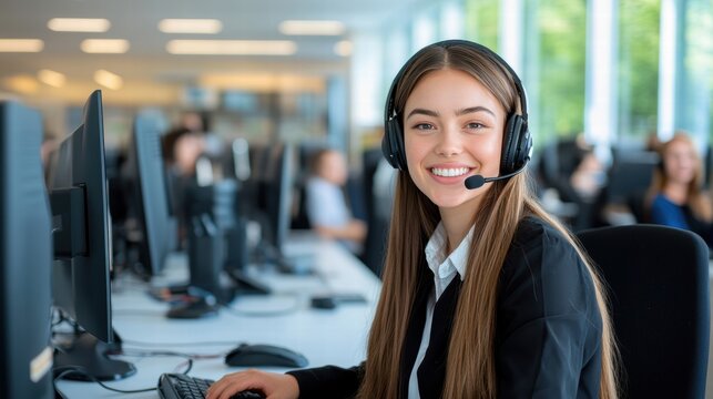 Customer Service Specialist:  A young, confident woman wearing a headset smiles warmly as she works at her computer, embodying the dedication and professionalism of customer service professionals. 