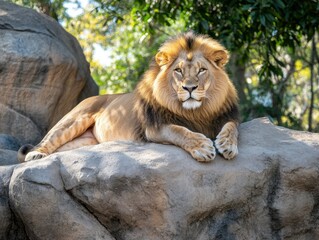 Obraz premium Close-up portrait of a majestic lion with a focused gaze.