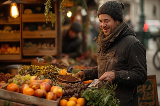 A cheerful vendor at a vibrant open-air market arranging fresh produce under warm lighting. - Powered by Adobe