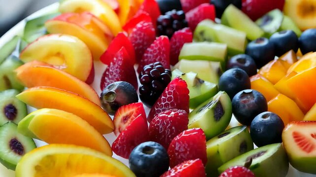 This vibrant fruit cake displays an assortment of fresh berries, kiwi, and tropical fruits, making it a captivating centerpiece for any celebration.