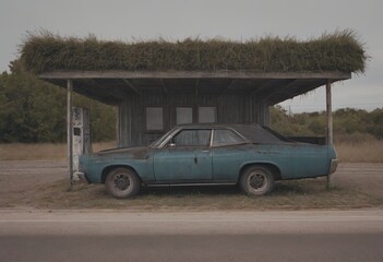 Fototapeta premium car at old gas station, realistic illustration