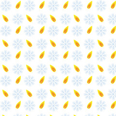 Seamless pattern with orange candle flames and light blue snowflakes on a white background vector illustration