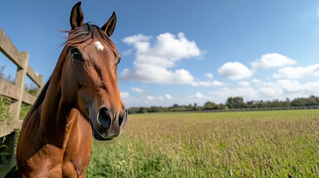 A majestic brown horse gallops freely across vibrant fields under a bright blue sky, exuding strength and grace.