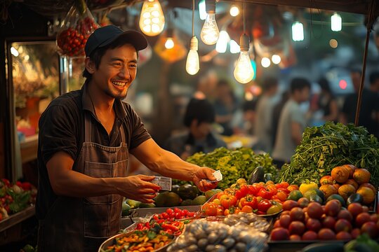 A cheerful vendor at a vibrant open-air market arranging fresh produce under warm lighting.