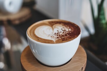 White Cup with Heart Symbol Close-Up, Romantic Coffee Mug Art, Love and Coffee Photography, Elegant Heart Design Mug