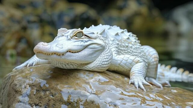 video of Albino alligator rests on a rock