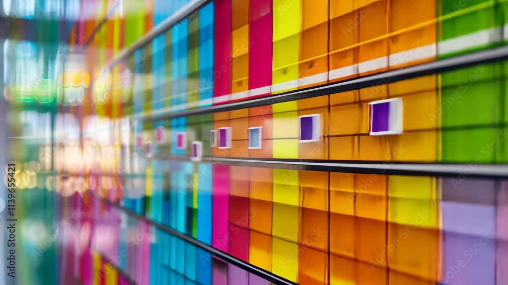 Poster a vibrant wall features an array of colorful paint swatches arranged in a grid pattern, illuminated 