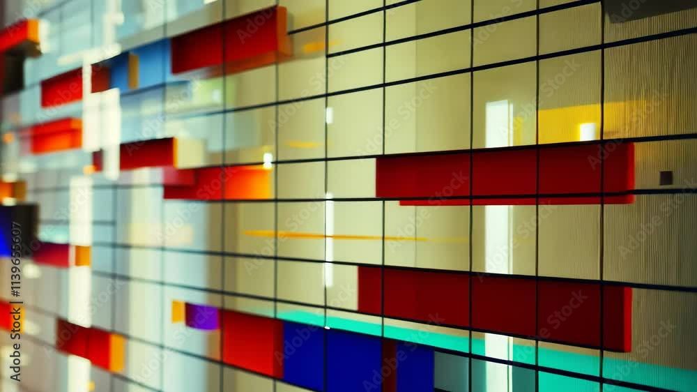 Poster Bright and colorful digital patterns create an abstract visual representation of data, showcasing technology and innovation at a tech conference during the afternoon.