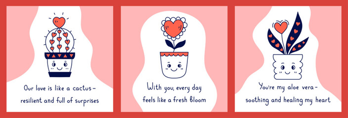 Valentines day Card with Funny Phrase Set. Romantic posters and banners with inspirational handwritten quotes and cute cartoon potted houseplants. Vector illustration