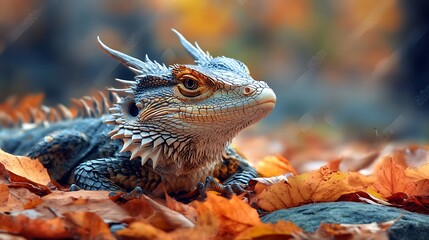 Fototapeta premium Dragon like lizard in autumn leaves. Exotic reptile, wildlife, nature.